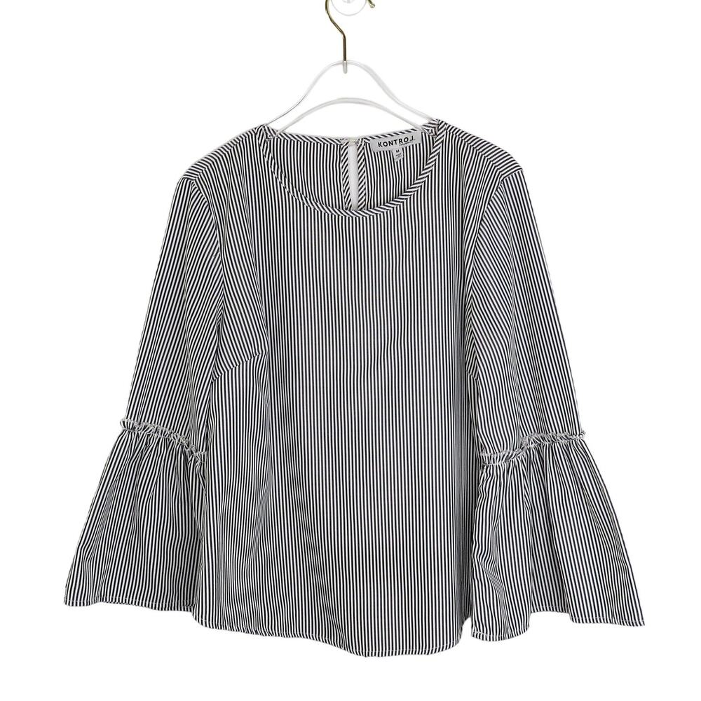 Kontrol Contemporary Gray & White Ruffle Sleeve Striped Blouse Medium Preppy